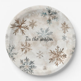 Plato De Papel Cream Blue Brown Snowflakes Christmas