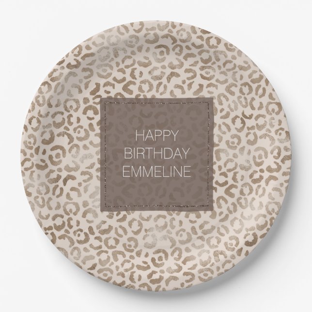 Plato De Papel Cream Brown Leopard Print Birthday   (Anverso)