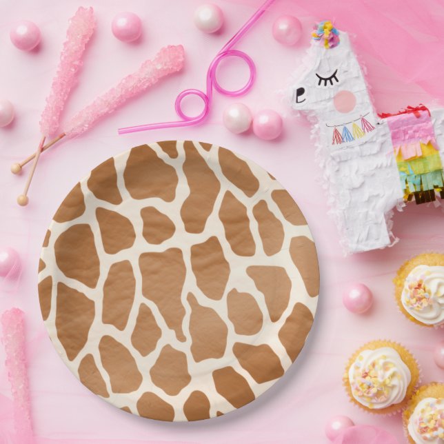 Plato De Papel Cream Brown Safari Girafa Animal Print (Fiesta)
