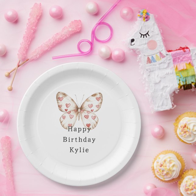 Plato De Papel Cream Butterfly Hearts Birthday (Fiesta)