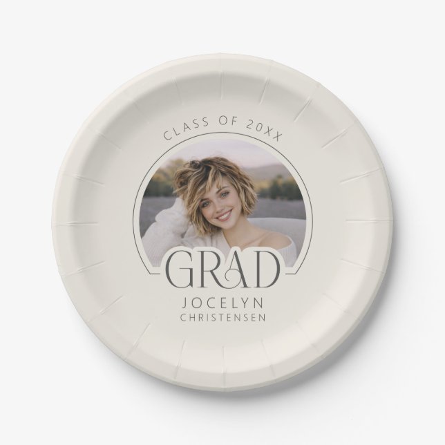 Plato De Papel Cream Charcoal Personalized Photo Grad Party (Anverso)