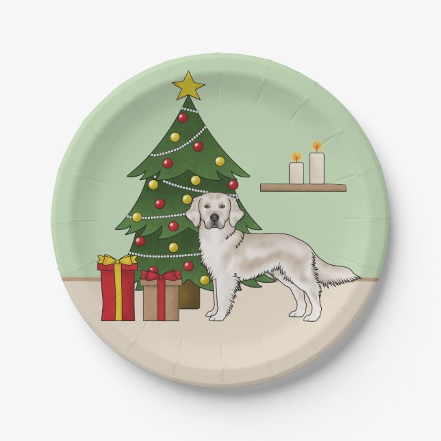 Plato De Papel Cream English Golden Retriever with Christmas Tree (Anverso)