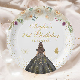 Plato De Papel Cream Floral Brunette Hair Chica cumpleaños