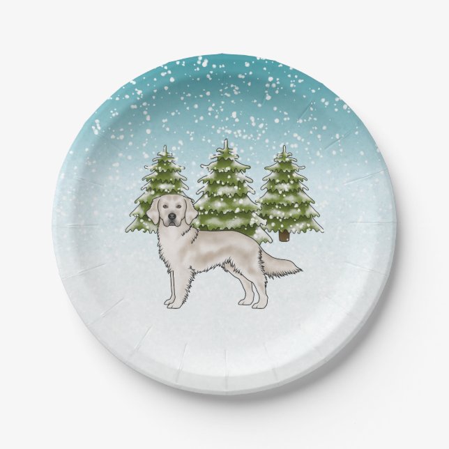 Plato De Papel Cream Golden Retriever Dog Blue Winers Navidades (Anverso)