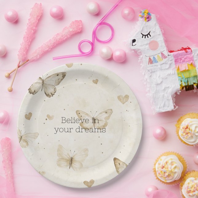 Plato De Papel Cream Hearts Butterflies Birthday (Fiesta)
