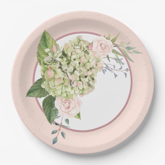 Plato De Papel Cream Hydrangea Y Rosas (Anverso)