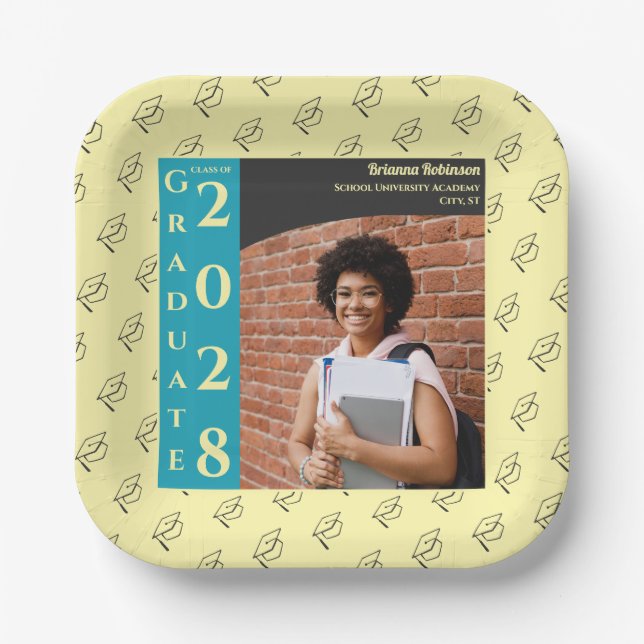 Plato De Papel Cream Photo Modern Graduation Cap Party (Anverso)