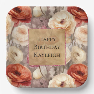 Plato De Papel Cream Red Burgundy Floral Birday