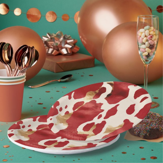 Plato De Papel Cream Red Gold Western Piel de vaca Howdy (Multi)