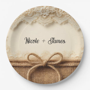 Plato De Papel Cream Vintage Floral Lace Burlap Rústico Boda