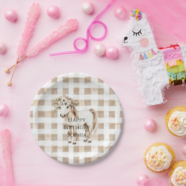 Plato De Papel Cream White Plaid Stripes Horse Birthday (Fiesta)