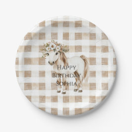 Plato De Papel Cream White Plaid Stripes Horse Birthday