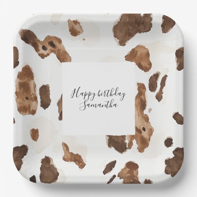 Plato De Papel Creamy Brown Chocolate Cow Print Animal Cumpleaños (Anverso)