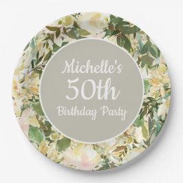 Plato De Papel Creamy White Sage Green Floral 50 cumpleaños