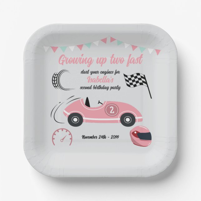 Plato De Papel Crecer dos coches de carreras rosadas festividades (Anverso)