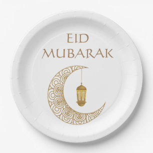 Plato De Papel Creciente adornado dorado de Eid Mubarak