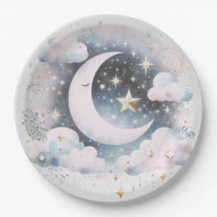 Plato De Papel Creciente azul y blanco Luna Celestial Boho modern
