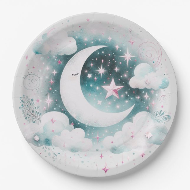 Plato De Papel Creciente Luna Celeste Boho Moderno Azul y Blanco (Anverso)
