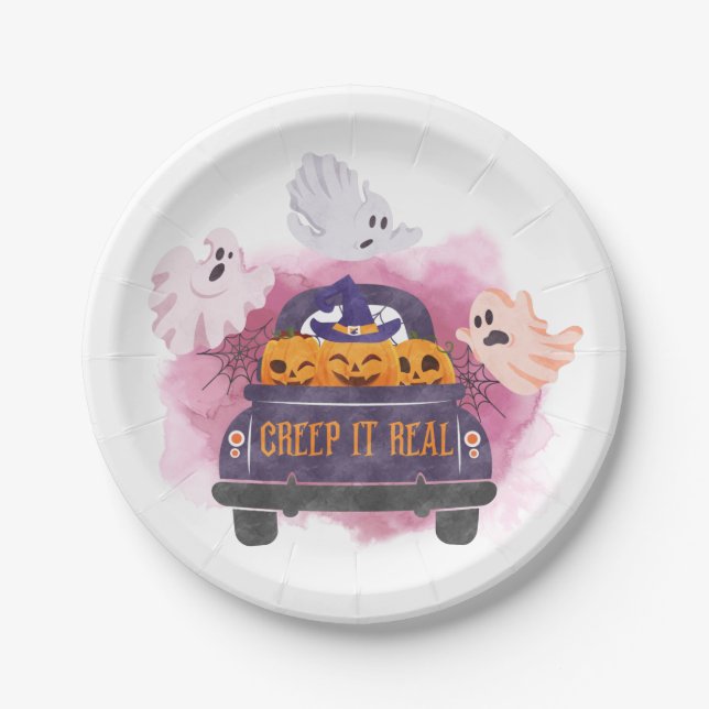 Plato De Papel Creep It Real Ghost Pumpkin Scary Halloween (Anverso)