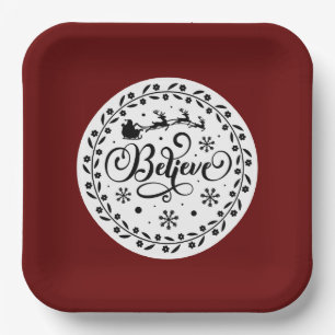 Plato De Papel "Creer" Navidades de Santa Claus Volando en Sleigh