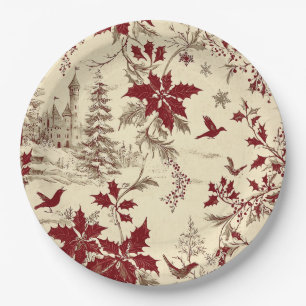 Plato De Papel Crema Antiguo Burgundy Invierno Pájaros Flor de Ac