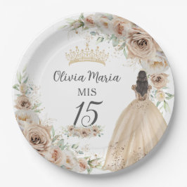 Plato De Papel Crema de champagne Beige floral Princesa Quinceañe