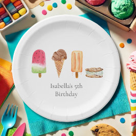 Plato De Papel Crema de hielo acuarela y fiesta de cumpleaños de 