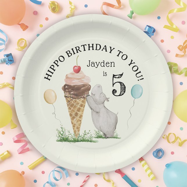 Plato De Papel Crema de hielo y fiesta de cumpleaños de Hippo (Ice Cream and Hippo Birthday Party Paper Plates)
