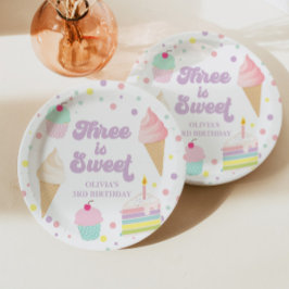 Plato De Papel Crema de hielo y pastel por tercer cumpleaños