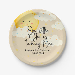 Plato De Papel Crema de luna y estrellas primer cumpleaños
