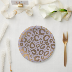 Plato De Papel Crema Dorada Lavanda Glam Estampado Leopardo Baby 