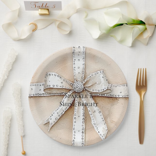 Plato De Papel Crema Plata Blanca Glitzy Glam Bow Cumpleaños (Boda)