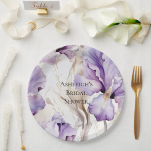 Plato De Papel Crema Púrpura Iris Floral Brillante Ducha