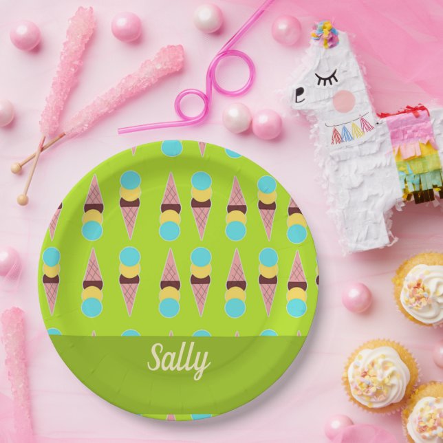 Plato De Papel Cremas de hielo coloridas sobre verde (Fiesta)