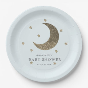 Plato De Papel Crescent Moon & Stars Blue Baby Shower Paper Plate