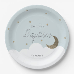 Plato De Papel Crescent Moon & Stars Light Blue Boy Baptismo