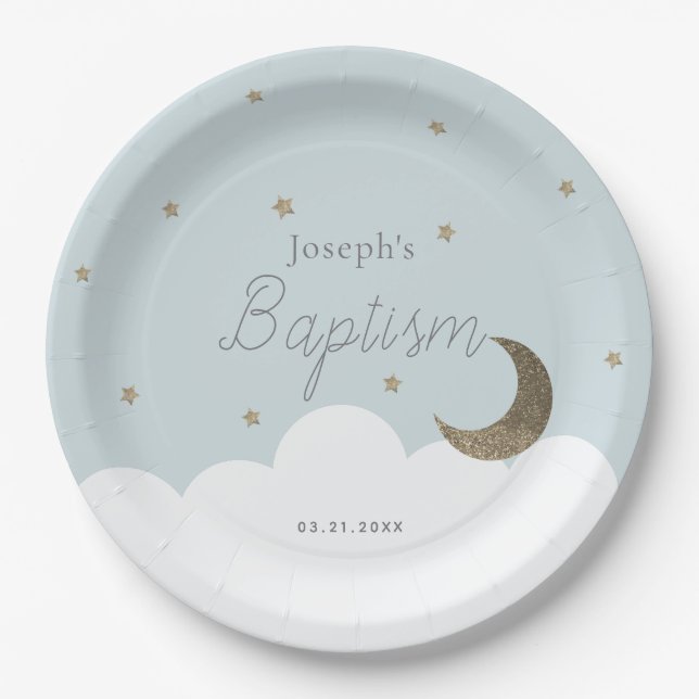 Plato De Papel Crescent Moon & Stars Light Blue Boy Baptismo (Anverso)