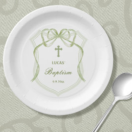 Plato De Papel Crest de Arco de Verde Salvia Bautizo