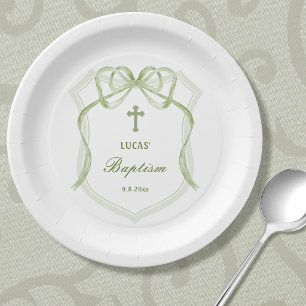 Plato De Papel Crest de Arco de Verde Salvia Bautizo