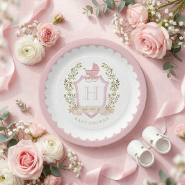 Plato De Papel Crest de Monograma de Cochecito de Bebé | Shower d