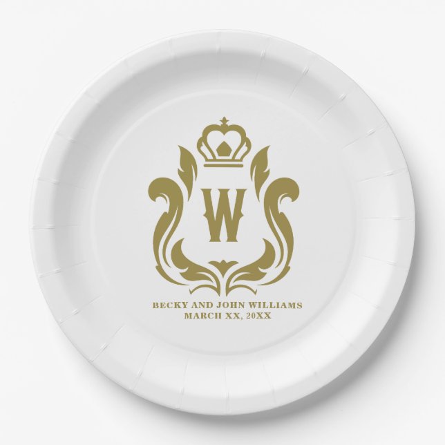 Plato De Papel Crest de oro con monograma W (Anverso)