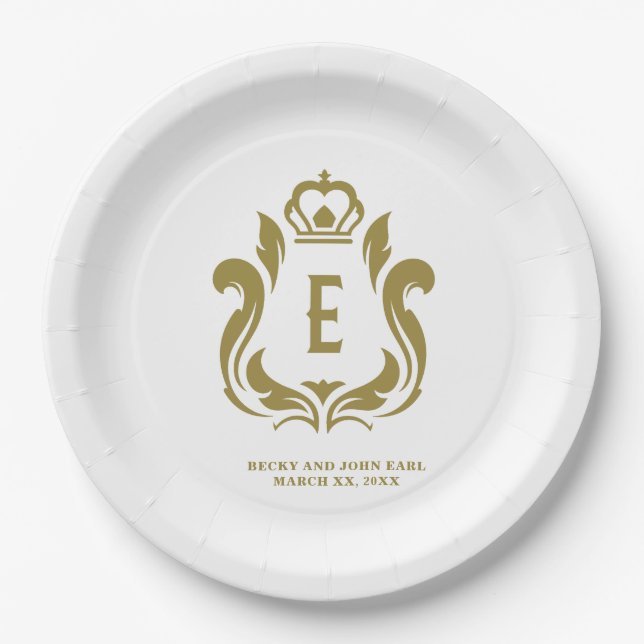 Plato De Papel Crest de Oro Monogramado (Anverso)