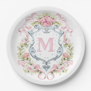 Plato De Papel Crest Floral Monograma Grandmillennial   Novia 