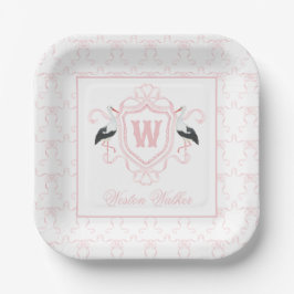Plato De Papel Crest Monograma Arco Cigüeña Rosa Acuarela
