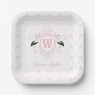 Plato De Papel Crest Monograma Arco Cigüeña Rosa Acuarela