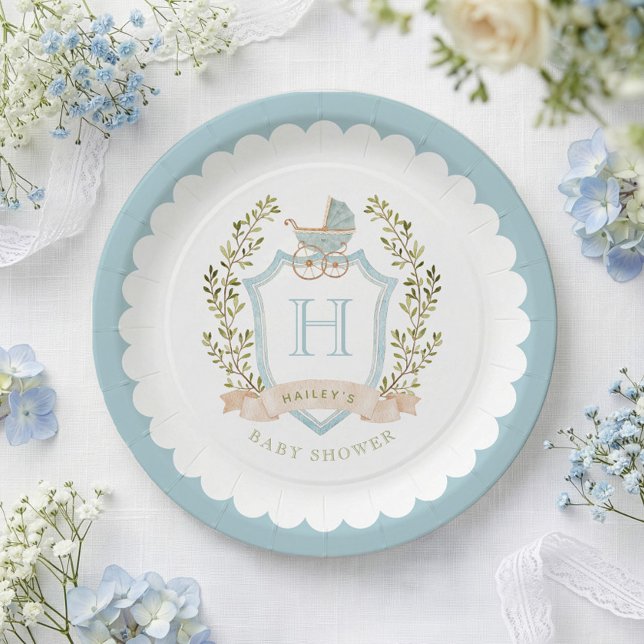 Plato De Papel Crest Monograma de Cochecito de Bebé | Shower de B (Subido por el creador)