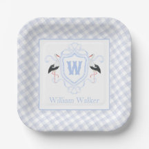 Crest Monograma Gingham Cigüeña Azul Acuarela