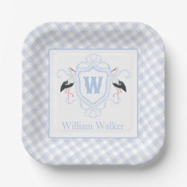 Plato De Papel Crest Monograma Gingham Cigüeña Azul Acuarela