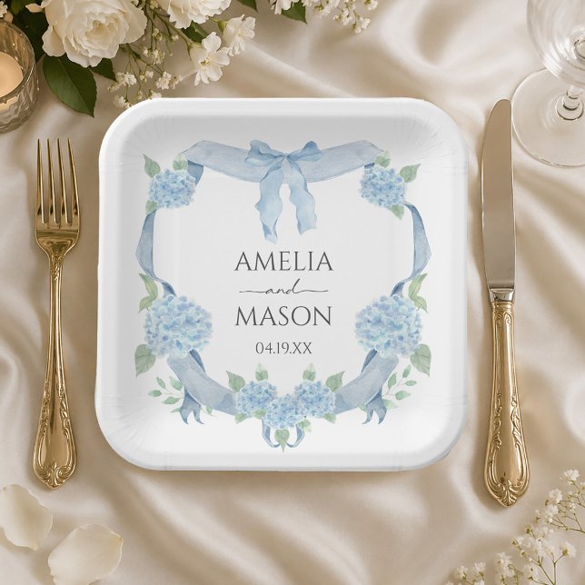 Plato De Papel Cresta de acuarela Hydrangea azul boda (Watercolor Crest Blue Hydrangea Wedding Paper Plates)