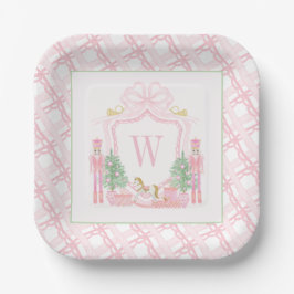 Plato De Papel Crestá de Monograma de Cascanueces Rosa Acuarela